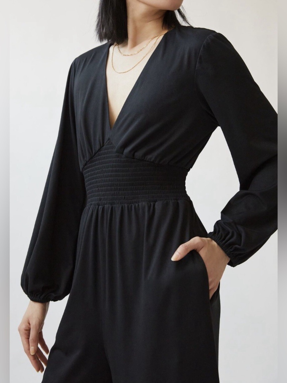 Anthro Hutch Black Wide-Leg Jumpsuit XL Smocked Waist V-Neck - Picture 3 of 10